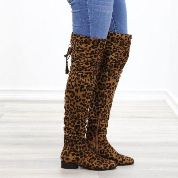 Leopard Suede Thigh High Flat Boot Lace Up Back - Picture 2 of 14